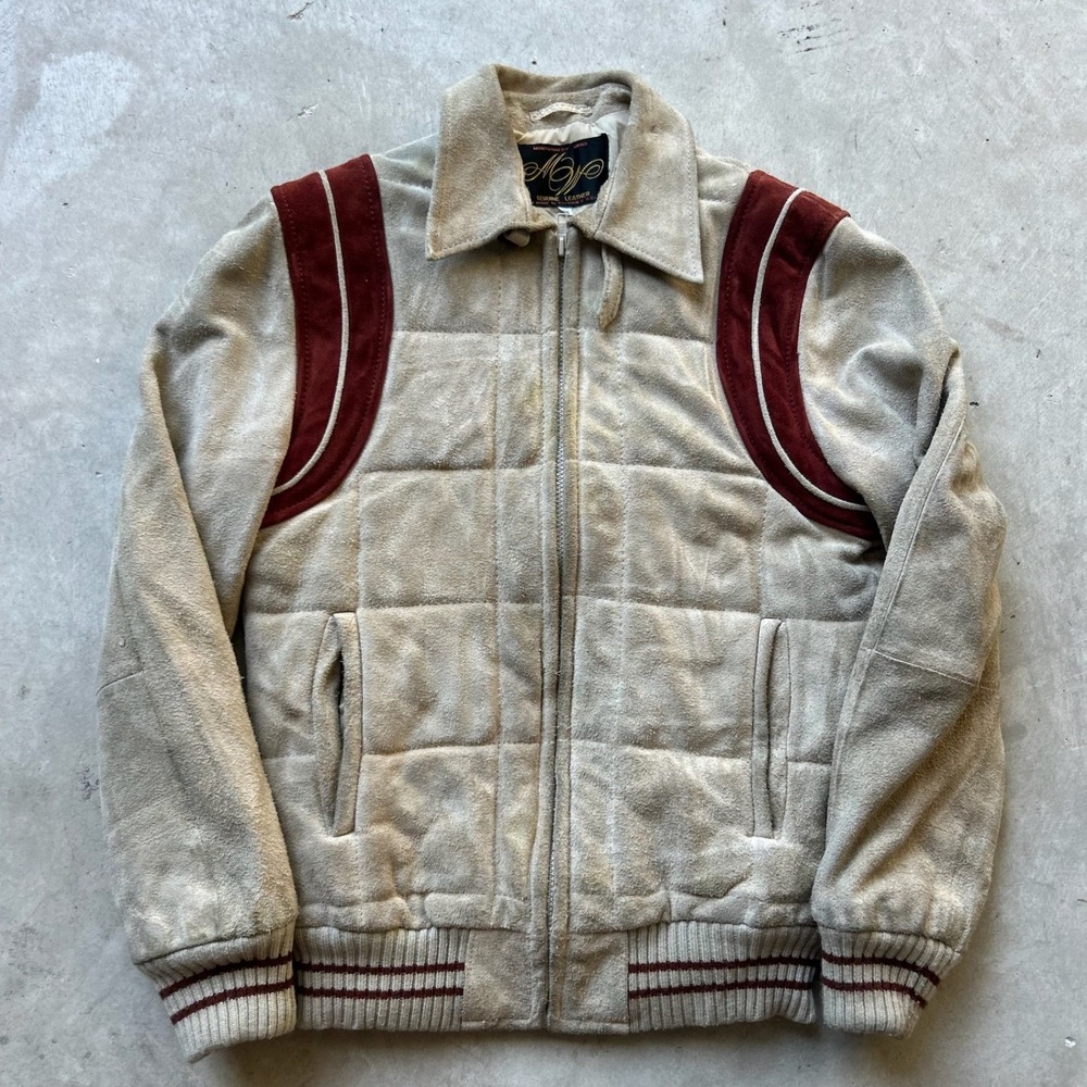 Vintage Montgomery Ward Suede Leather Bomber Jacket Tan Burgundy 36 Racing 70s